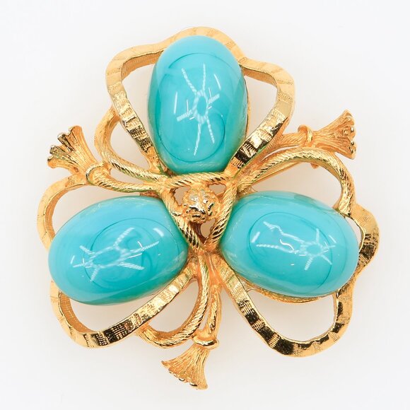 Vintage Judith McCann Gold Tone Simulated Turquoise Clover Brooch with Ropes - Picture 1 of 4
